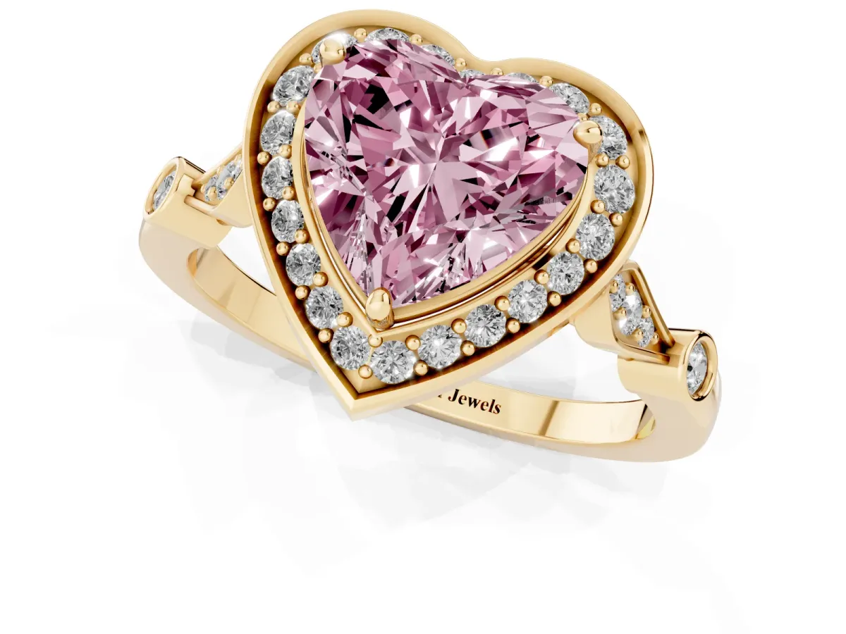 Fancy Pink Heart Cut Halo Diamond Engagement Ring with Twisted Band and Four-Prong Setting Yellow gold