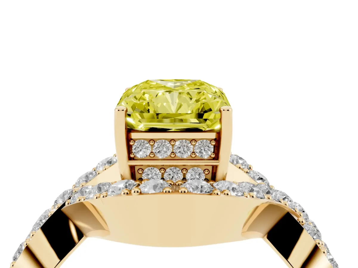Fancy Yellow Radiant Cut Solitaire Twist Band Pavé Diamond Engagement Ring Yellow gold