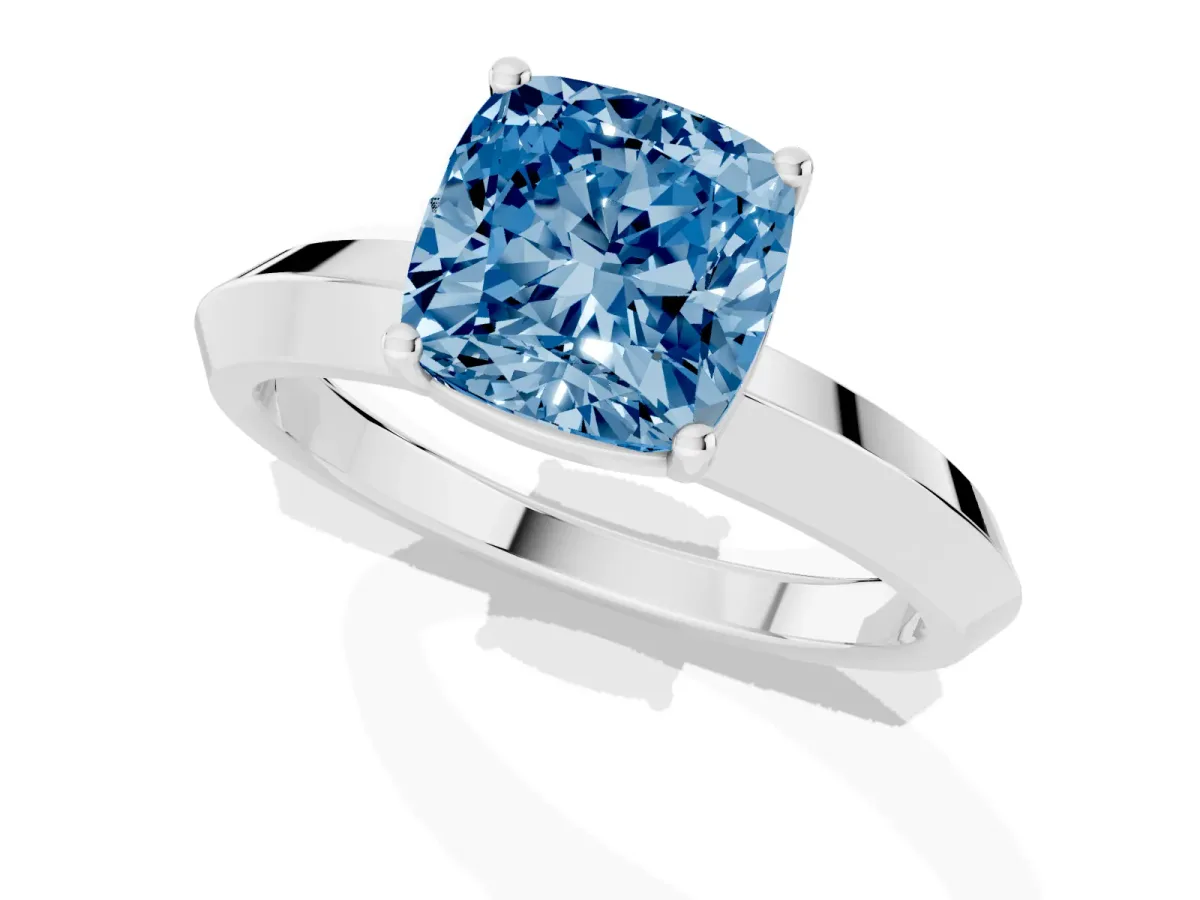 Fancy Blue Cushion Cut Cut Solitaire Engagement Ring with Flat Band and Four-Prong Setting Silver
