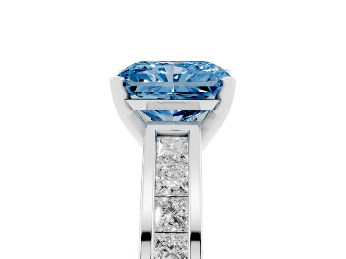 Fancy Blue Radiant Cut Solitaire Diamond Ring with Channel-Set Band and Four-Prong Setting Silver