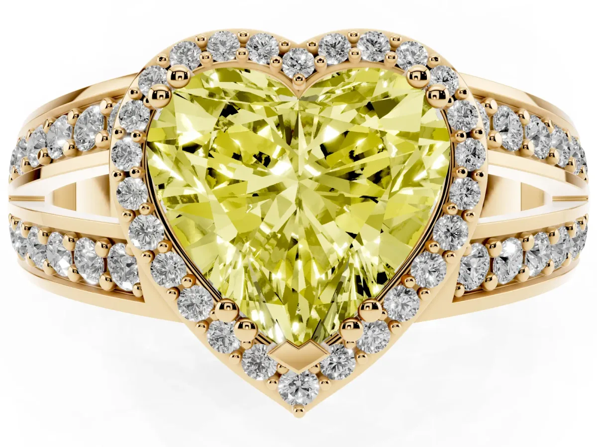 Fancy Yellow Heart Cut Diamond Halo Ring with Split Shank Pavé Band and Four-Prong Setting Yellow gold