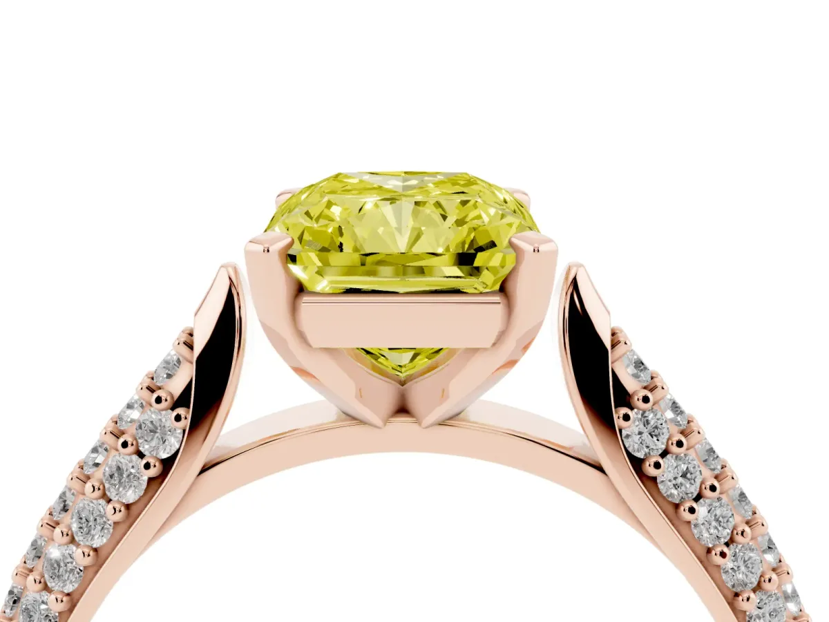 Fancy Yellow Radiant Cut Diamond Solitaire Engagement Ring with Multi-Row Round Pavé Band and Prong Setting Rose gold