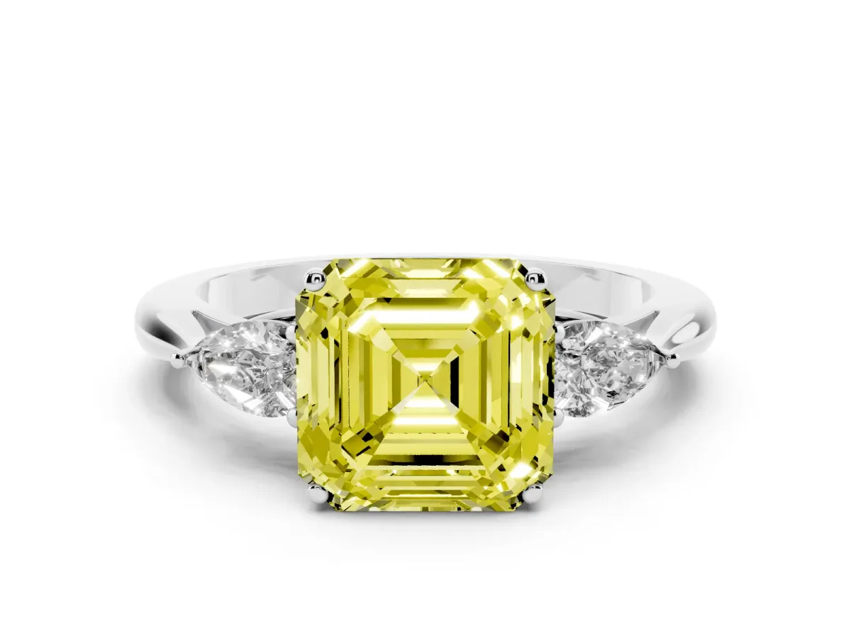 Fancy Yellow Three-Stone Asscher Cut Diamond Ring with Pear Side Stones in Four-Prong Setting Silver