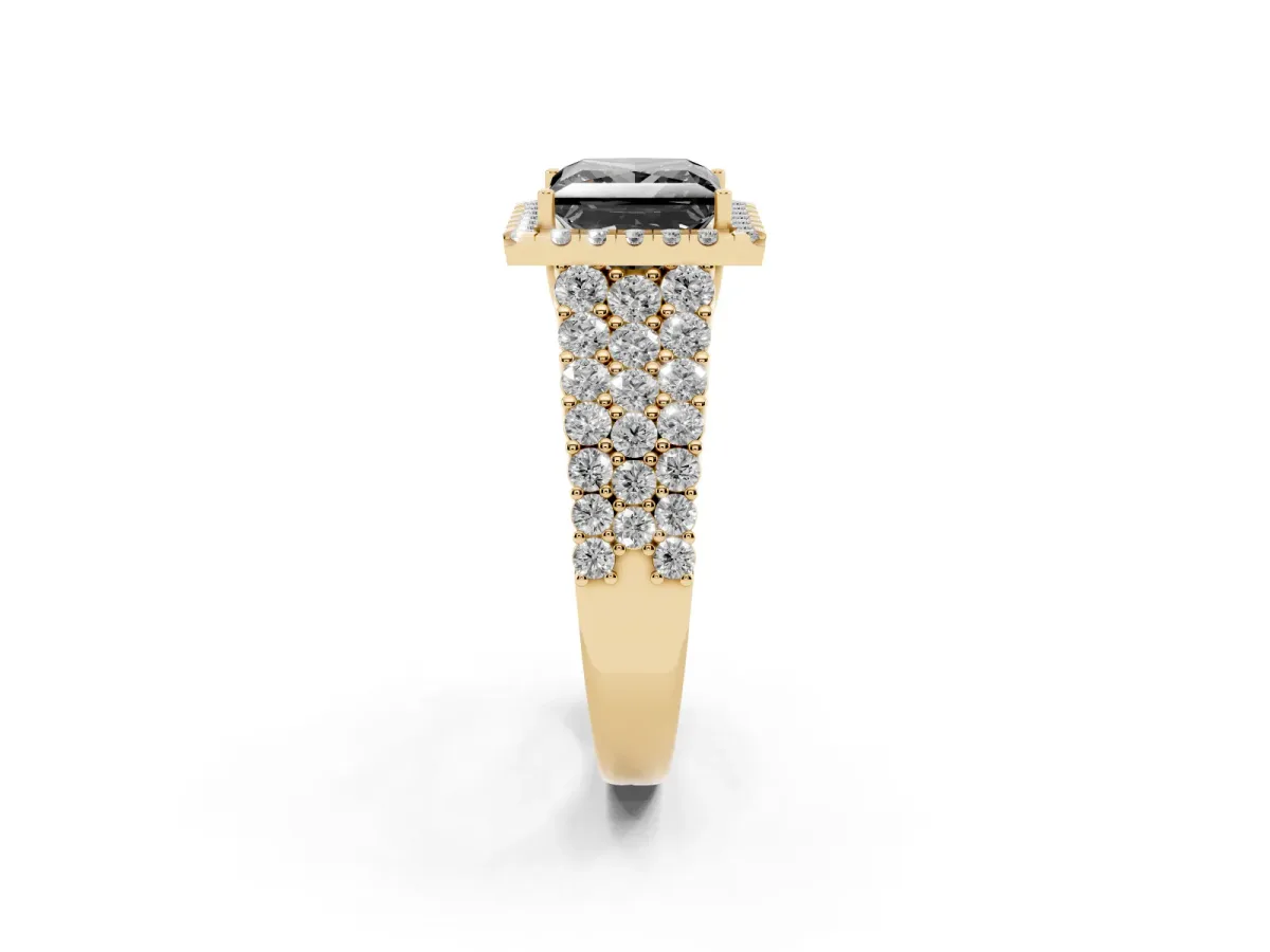 Fancy Black Princess Cut Diamond Halo Engagement Ring with Triple Row Round Pavé Band and Prong Setting Yellow gold