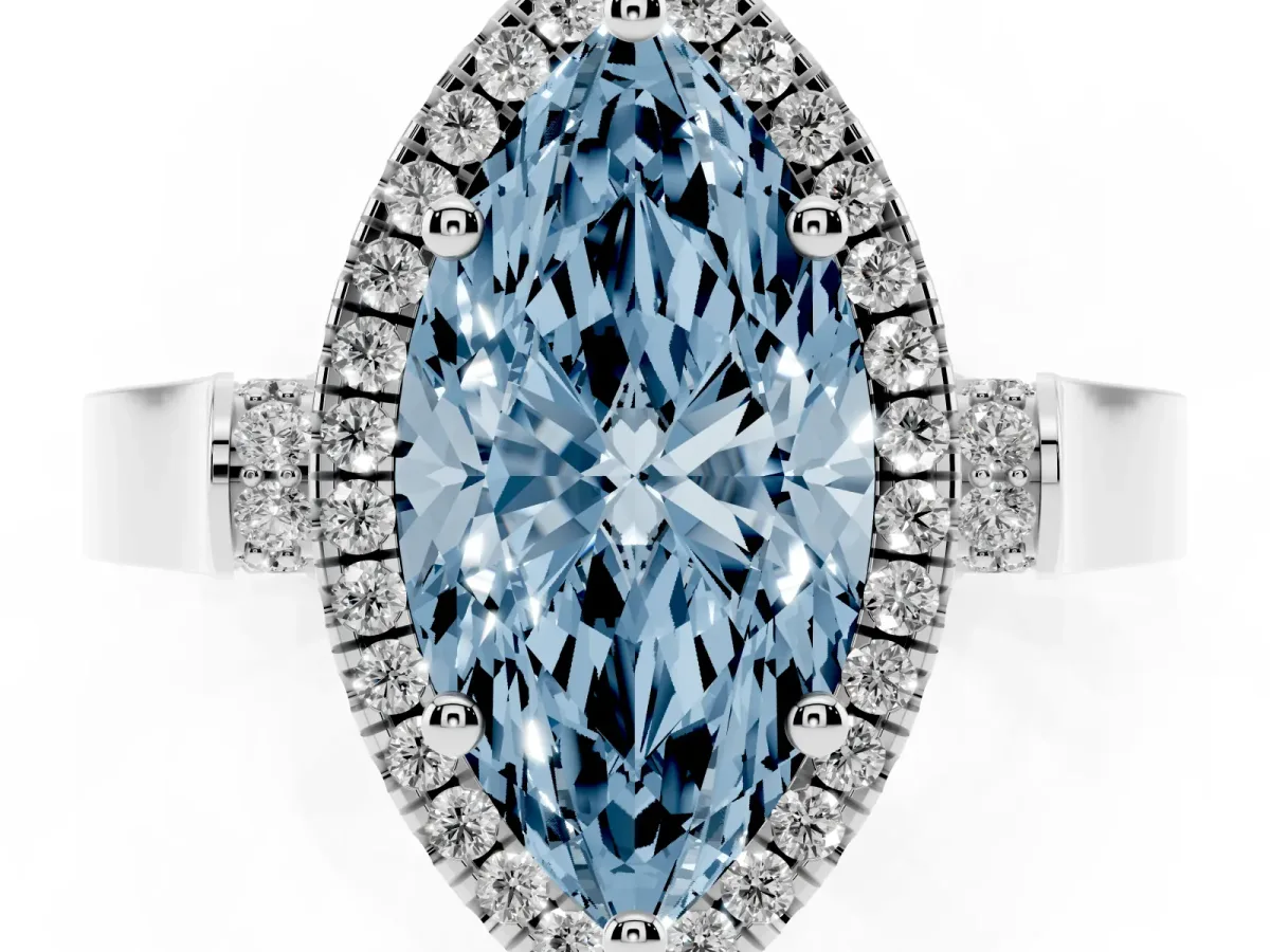 Fancy Blue Marquise Cut Halo Round Diamond Twist Band with Four-Prong Setting White gold