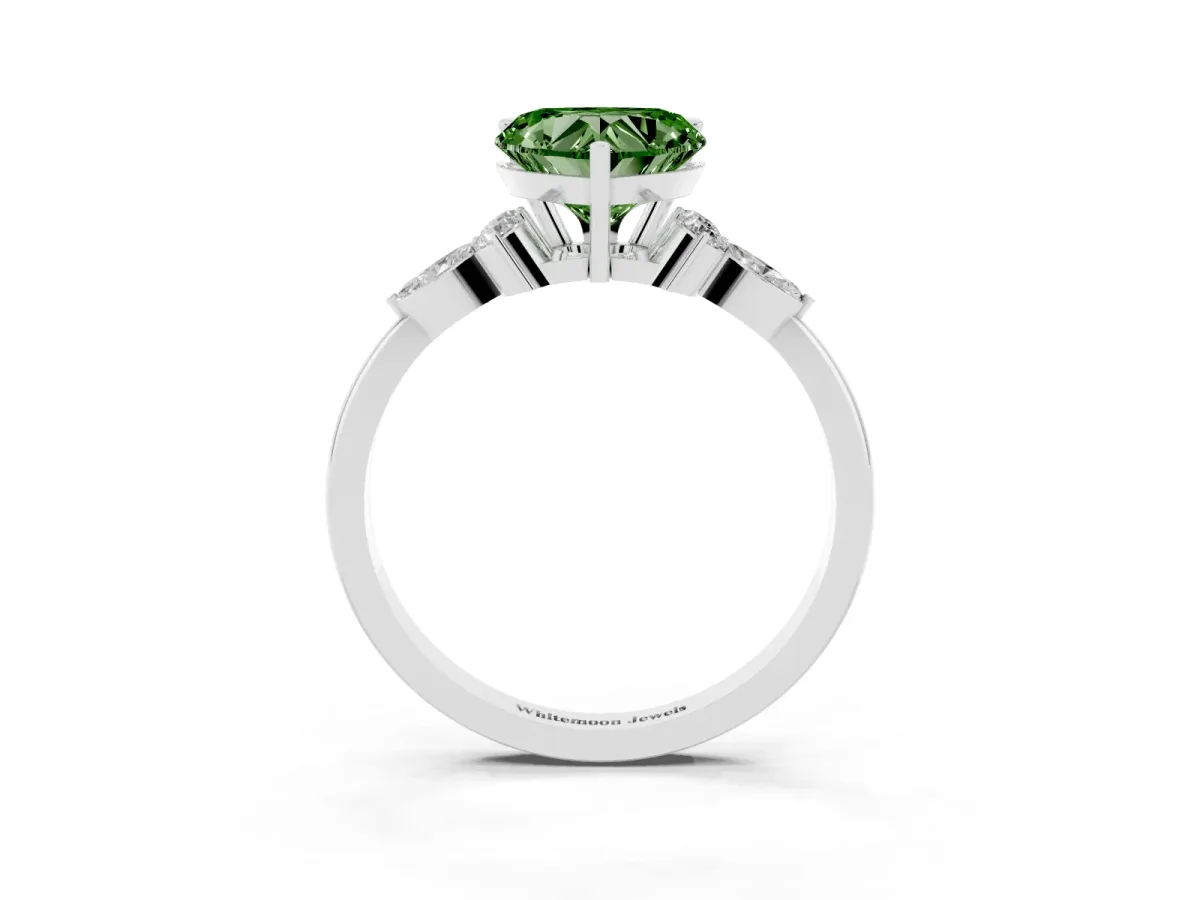 Fancy Green Heart Cut Brilliant Diamond Solitaire Ring with Pear Side Stones and Four-Prong Setting Silver