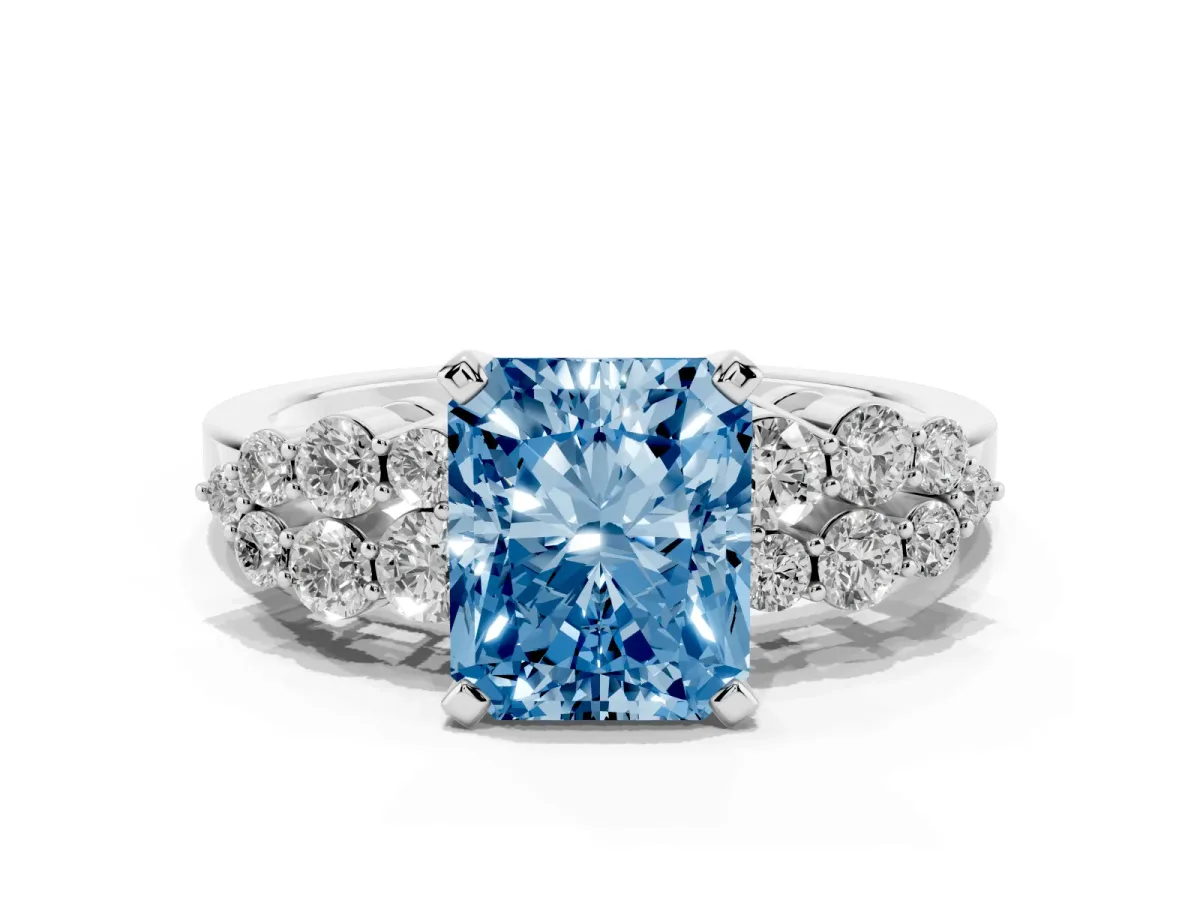 Fancy Blue Radiant Cut Cluster Diamond Engagement Ring with Pavé Band and Four-Prong Setting Silver