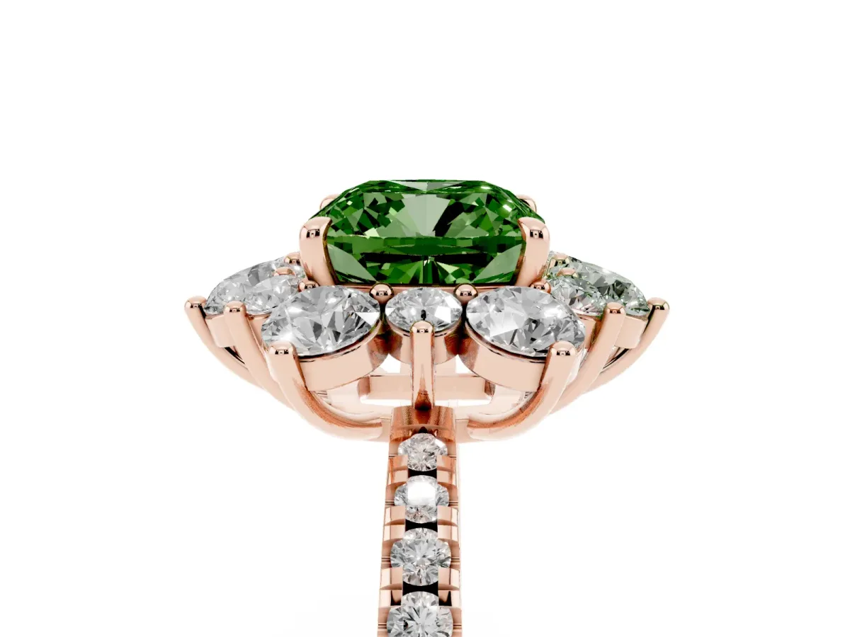 Fancy Green Cushion Cut Diamond Floral Halo Ring with Round Pavé Band and Prong Setting Rose gold