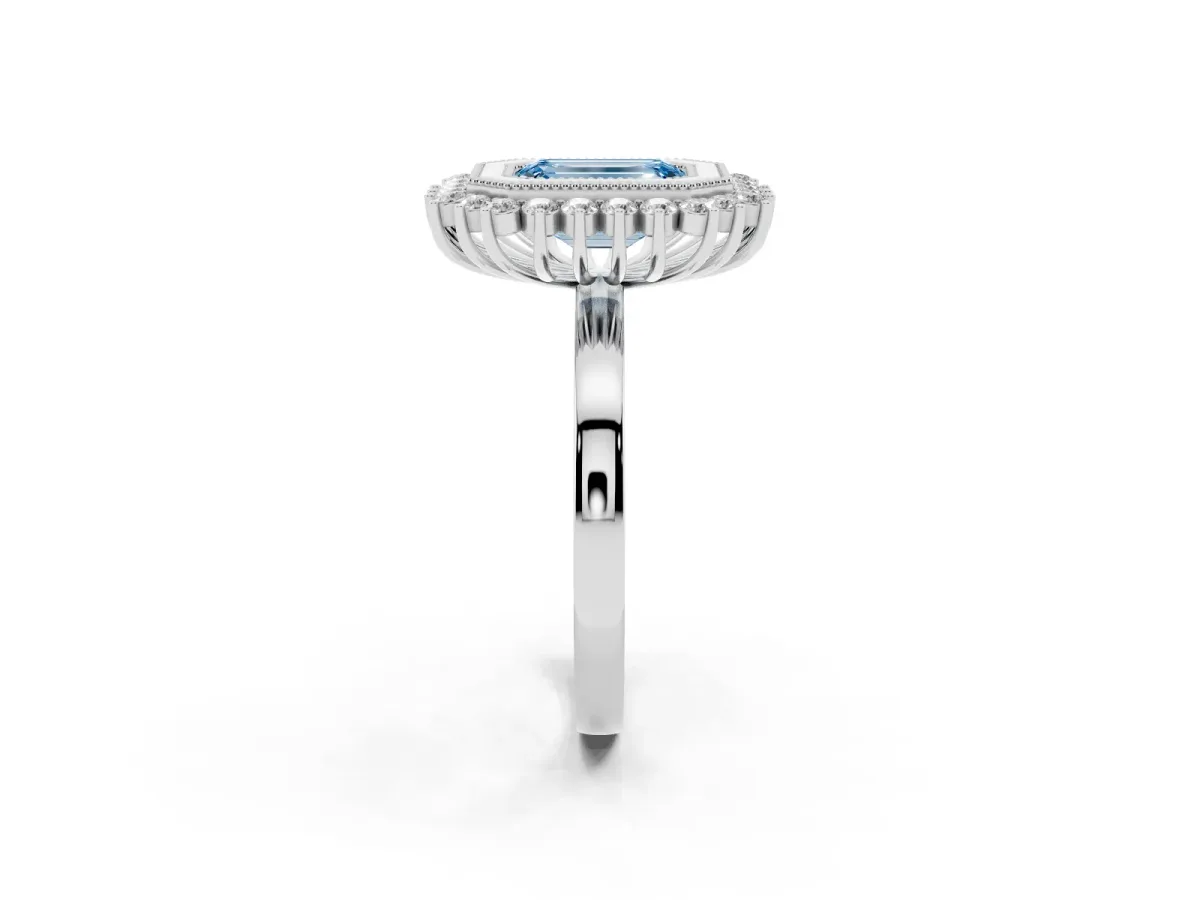 Fancy Blue Emerald Cut Halo Diamond Ring with Milgrain Edge and Round Prong Setting Platinum