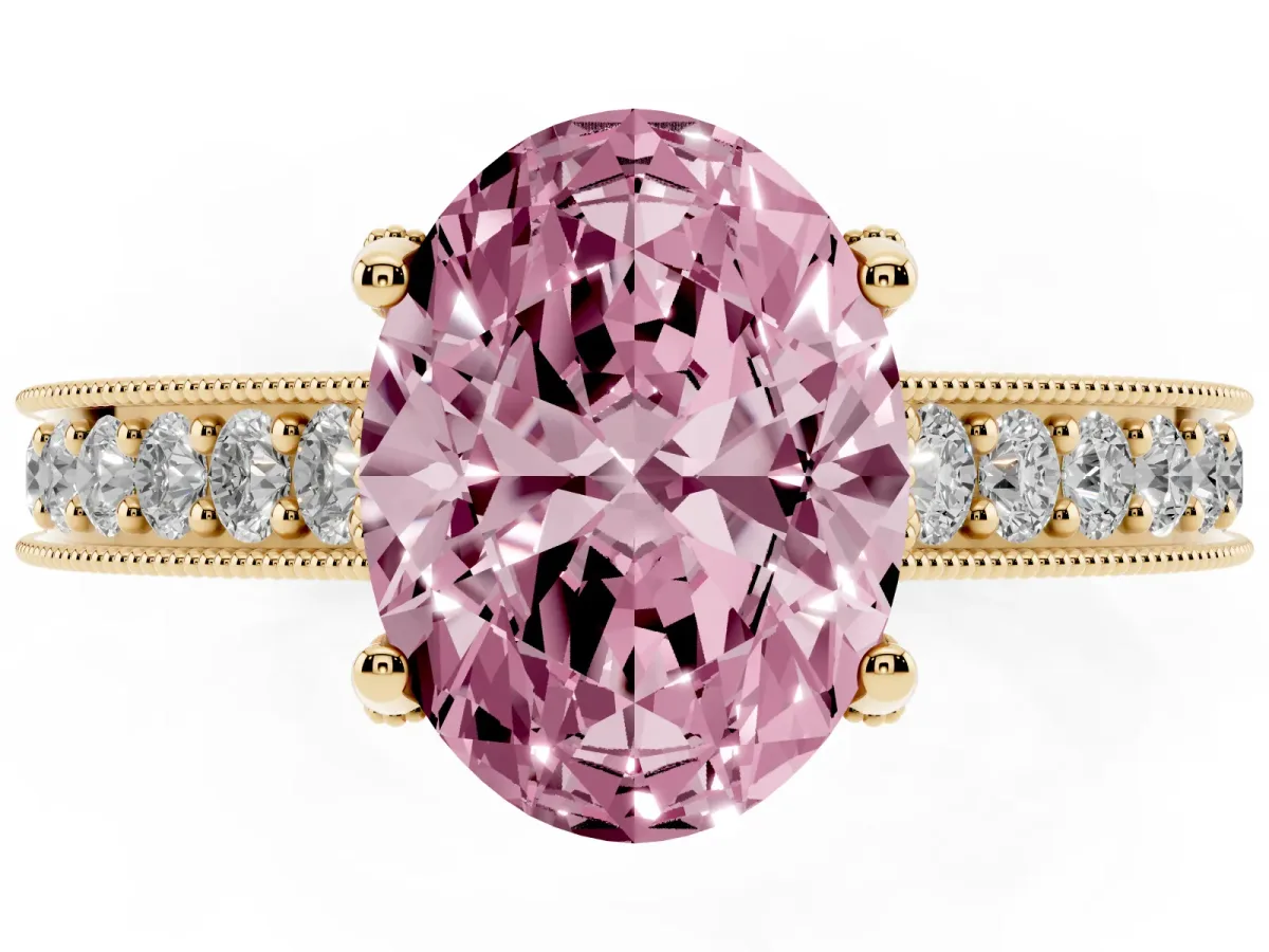 Fancy Pink Oval Cut Cut Diamond Solitaire Ring with Milgrain Pave Band and Four Prong Setting Yellow gold