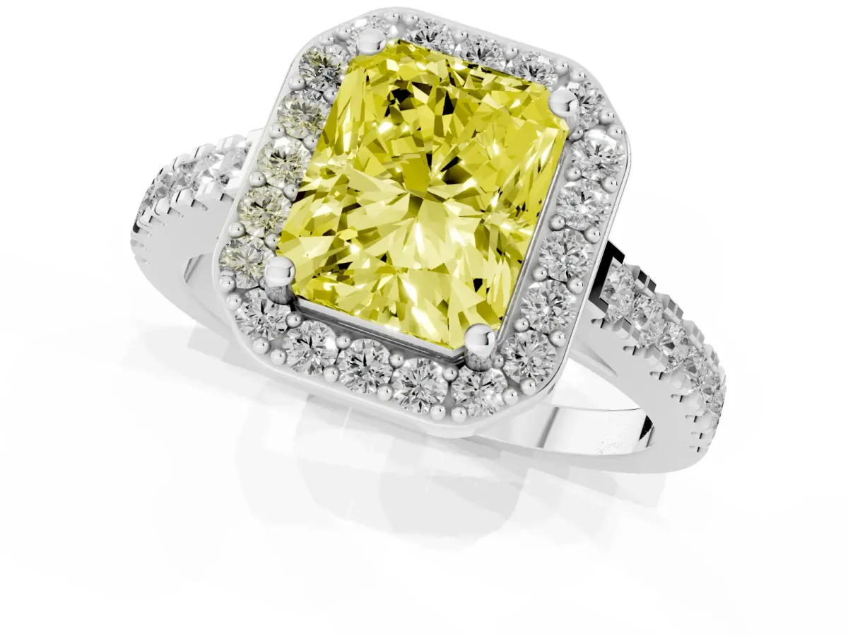 Fancy Yellow Radiant Cut Diamond Halo Ring with Round Pavé Split Shank and Prong Setting Silver