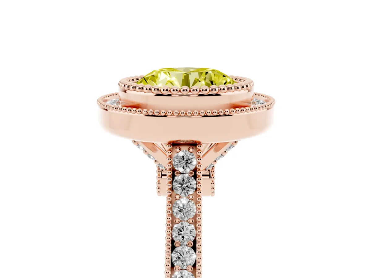 Fancy Yellow Round Cut Diamond Halo Ring with Milgrain Frame and Pavé Band Rose gold