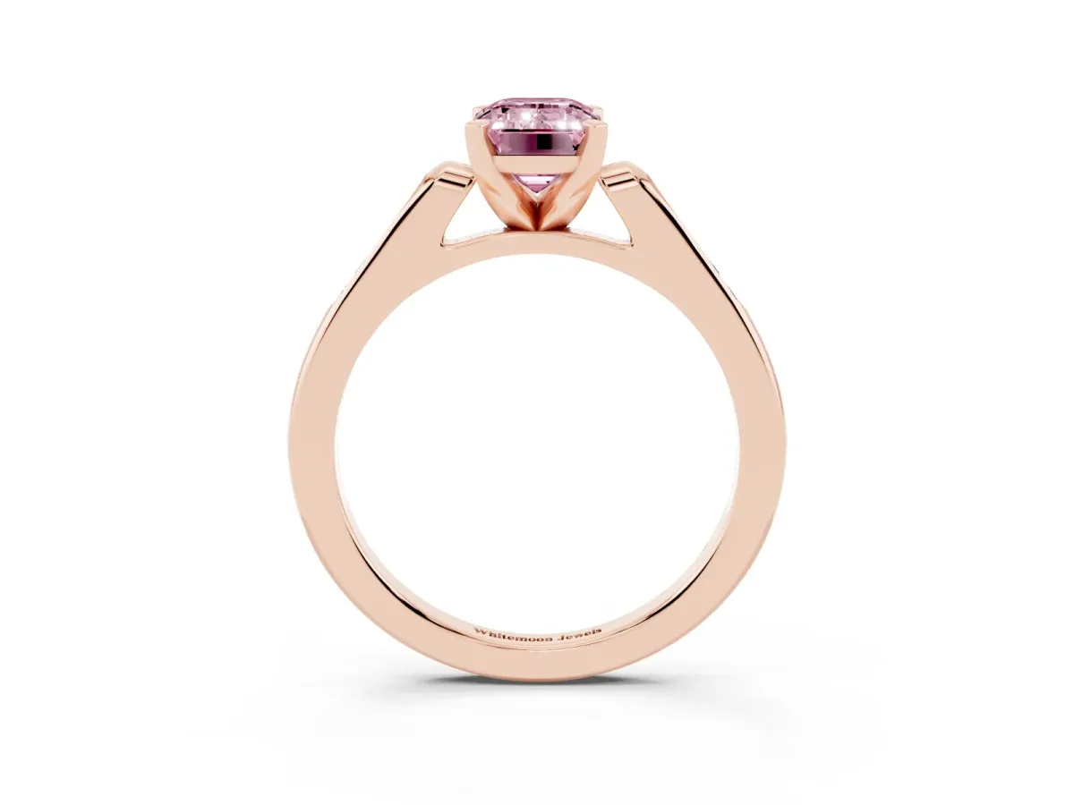 Fancy Pink Emerald Cut Diamond Solitaire Ring with Channel Set Round Band and Prong Setting Rose gold