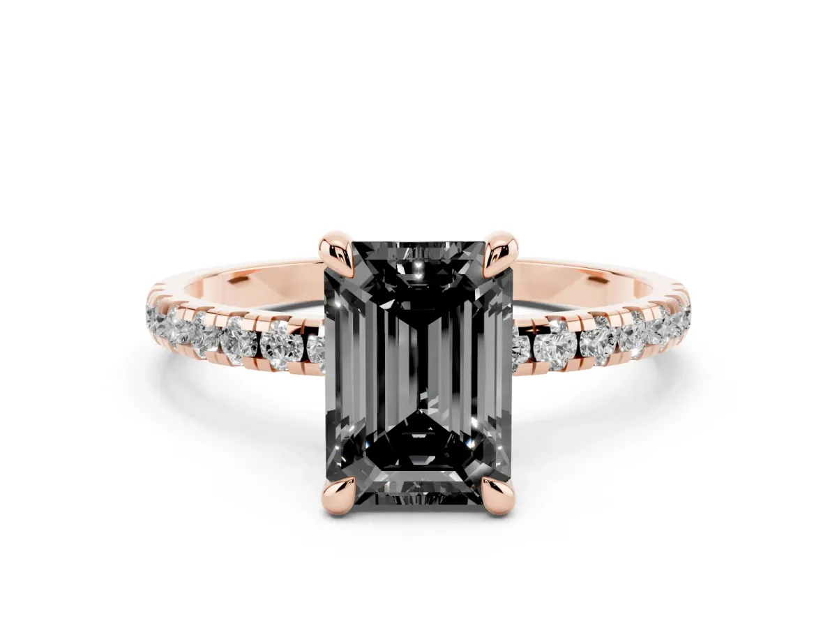 Fancy Black Emerald Cut Diamond Brilliant Solitaire Ring with Pavé Band and Four-Prong Setting Rose gold