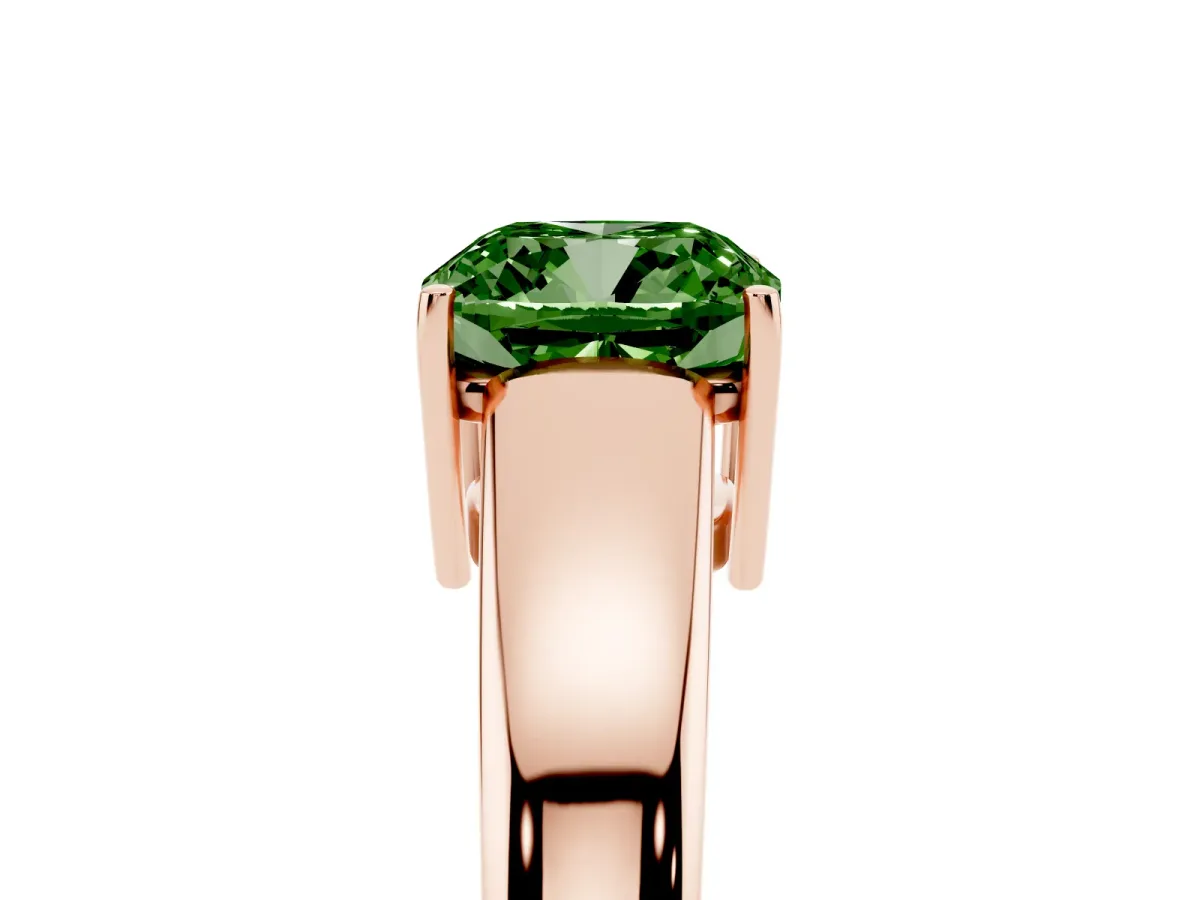 Fancy Green Cushion Cut Solitaire Diamond Ring with Tapered Band and Four-Prong Setting Rose gold