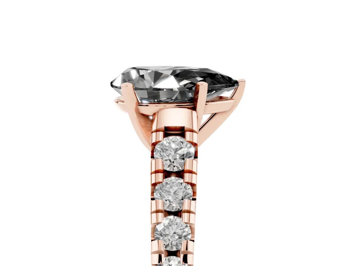 Fancy Black Pear Cut Diamond Cathedral Solitaire Ring with Round Pavé Band Rose gold