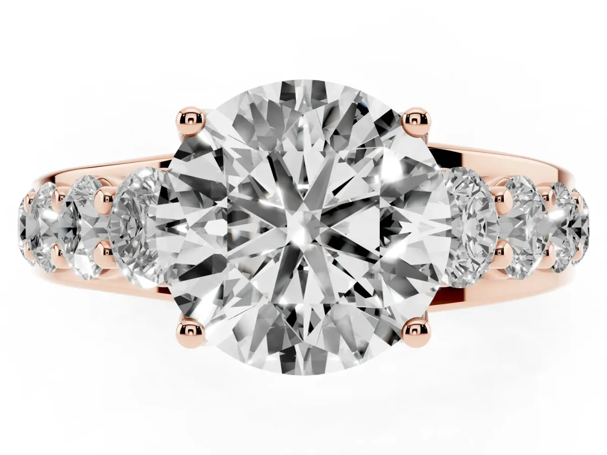 Round Cut Diamond Engagement Ring with Pavé Band and Four-Prong Setting Rose gold