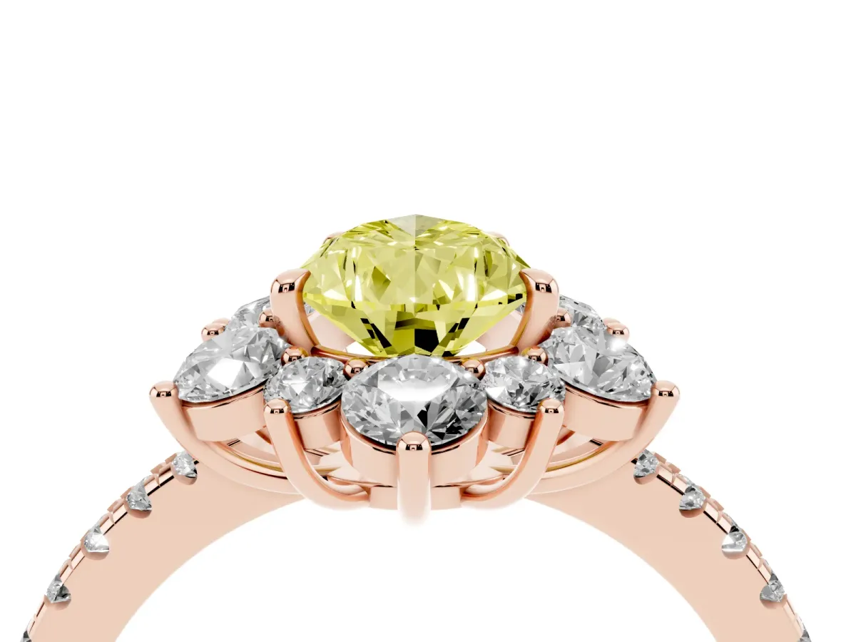 Fancy Yellow Pear Cut Diamond Floral Halo Ring with Round Pavé Band and Prong Setting Rose gold