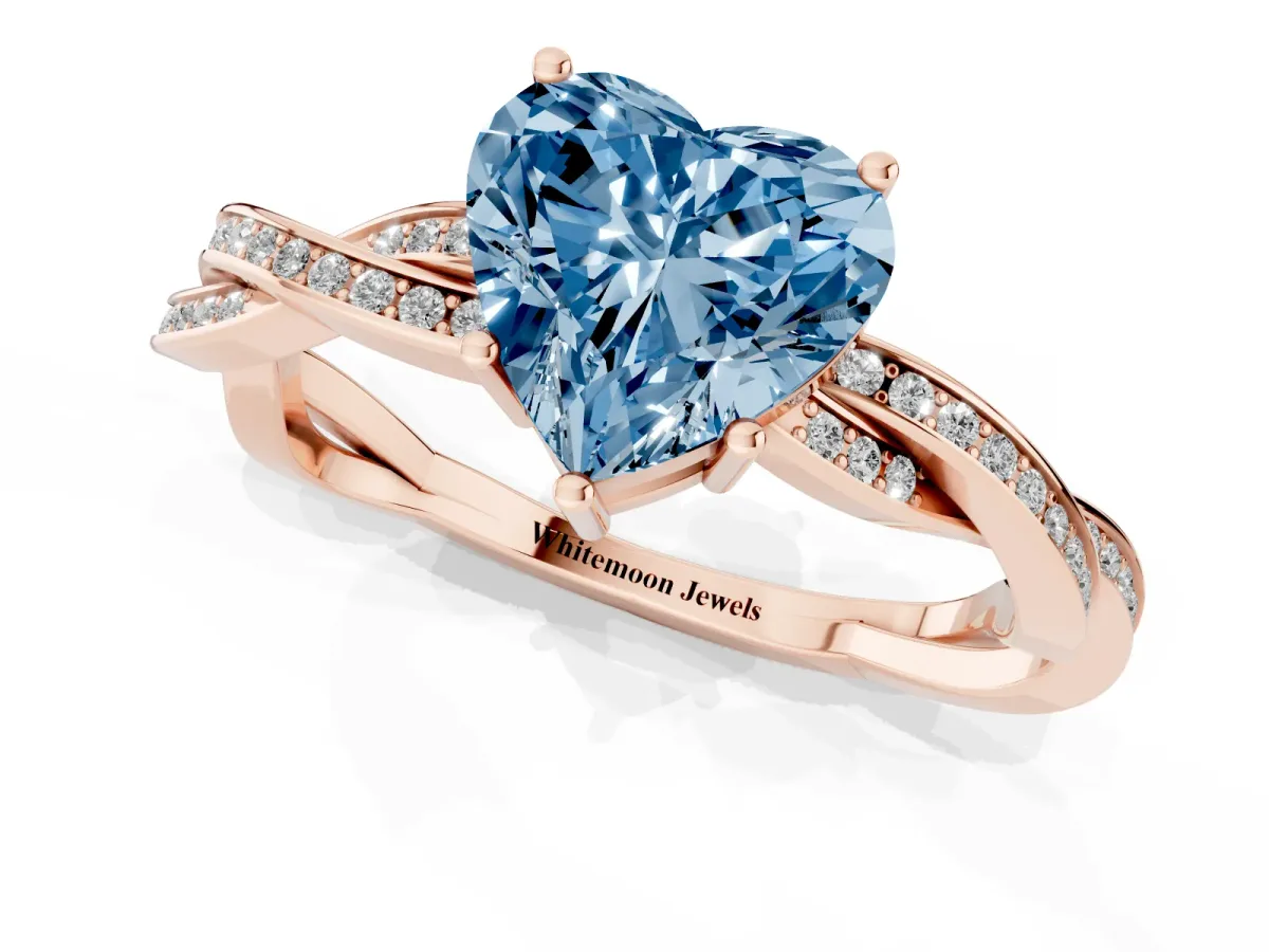 Fancy Blue Heart Cut Solitaire Twisted Pave Diamond Ring with Four-Prong Setting Rose gold