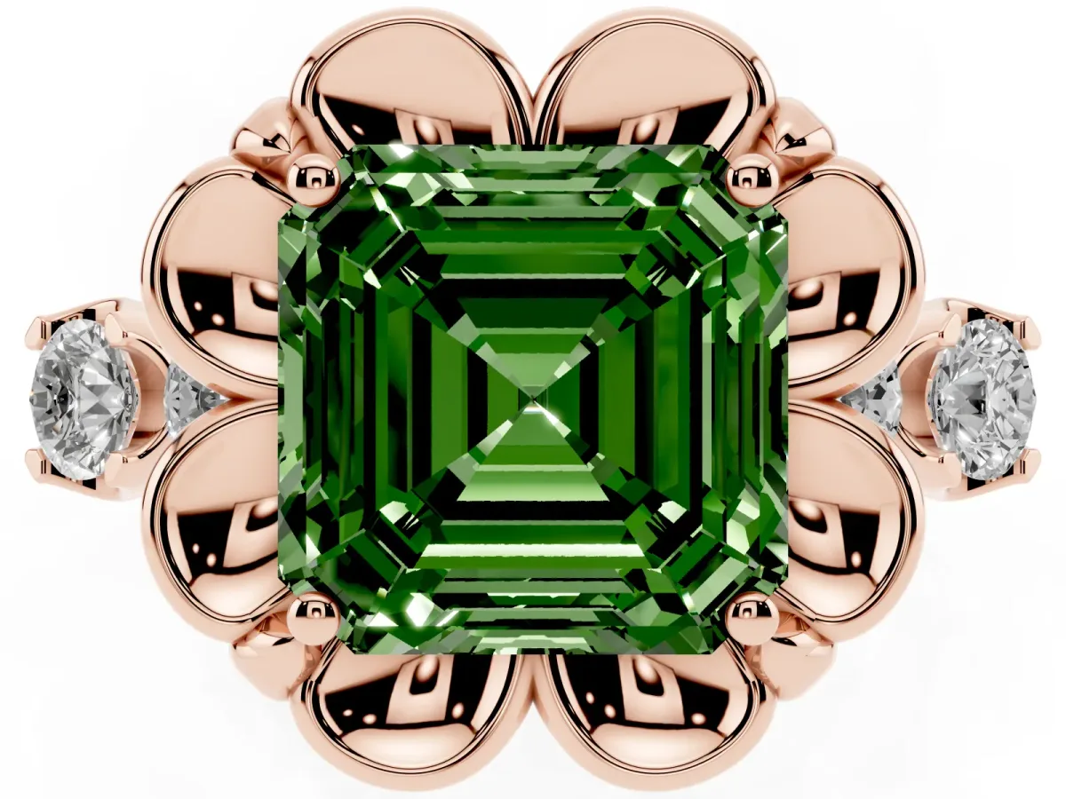 Fancy Green Asscher Cut Cut Diamond Floral Halo Engagement Ring with Shared Prong Setting Rose gold