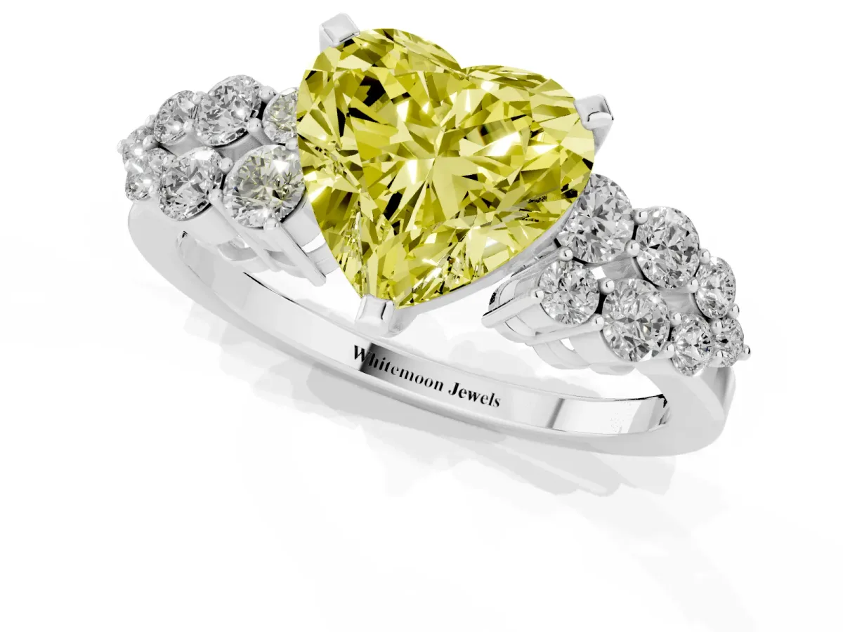 Fancy Yellow Heart Cut Cluster Diamond Engagement Ring with Pavé Band and Four-Prong Setting White gold