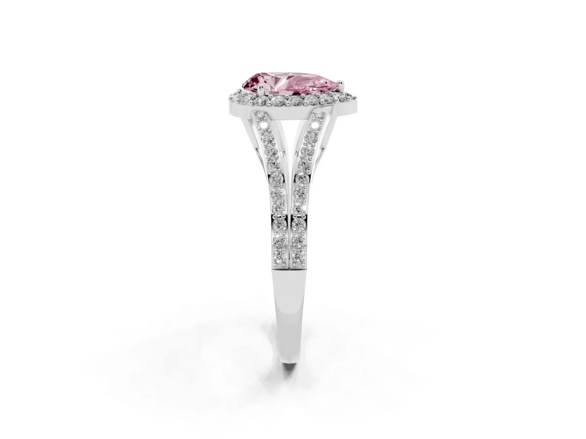 Fancy Pink Pear Cut Halo Split Shank Pave Diamond Ring with Four-Prong Setting Platinum