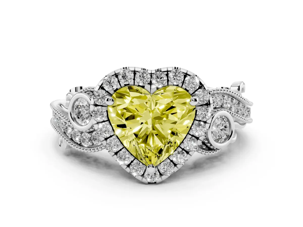 Fancy Yellow Heart Cut Diamond Halo Ring with Milgrain Pavé Band and Four-Prong Setting Platinum