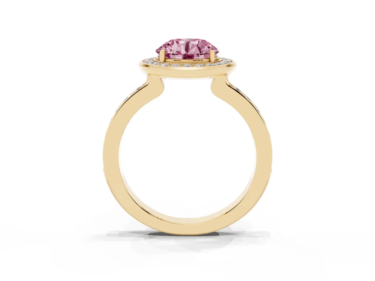 Fancy Pink Round Cut Diamond Halo Ring with Bezel Frame and Pavé Band Yellow gold