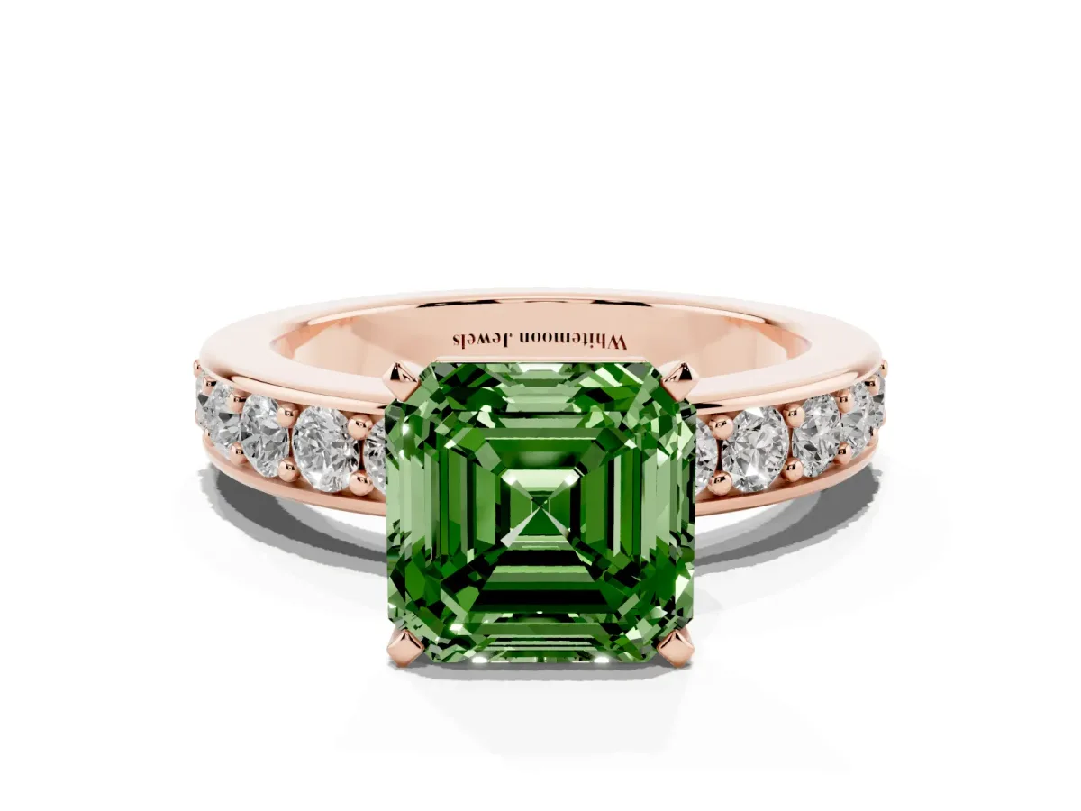 Fancy Green Asscher Cut Diamond Engagement Ring with Channel Set Round Band and Prong Setting Rose gold