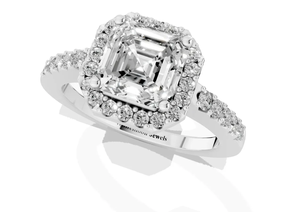 Asscher Cut Halo Diamond Pavé Solitaire Ring Platinum