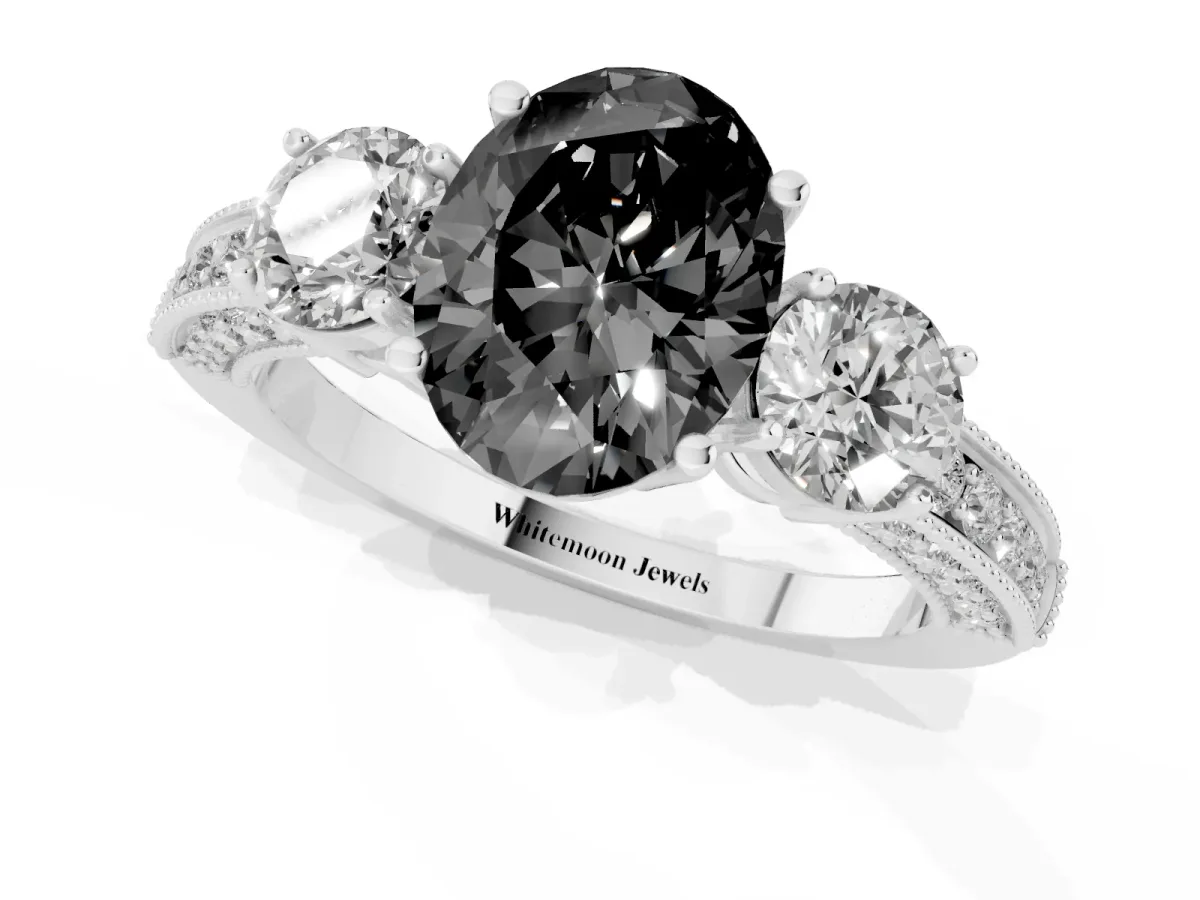 Fancy Black Oval Cut Three-Stone Diamond Ring with Pavé Band and Four-Prong Setting Platinum