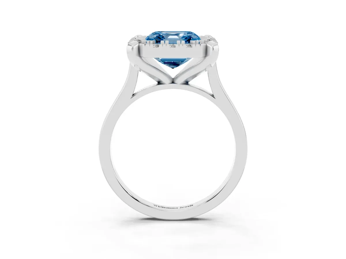 Fancy Blue Asscher Cut Diamond Cluster Halo Solitaire with Four-Prong Setting Silver