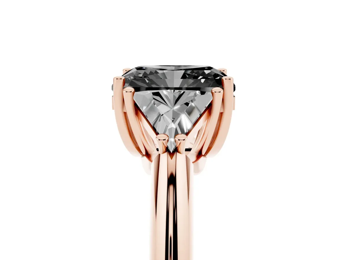 Fancy Black Three-Stone Radiant Cut Diamond Engagement Ring with Trillion Side Stones and Prong Setting Rose gold
