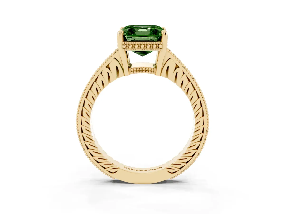 Fancy Green Asscher Cut Solitaire Pavé Diamond Milgrain Engagement Ring with Four-Prong Setting Yellow gold