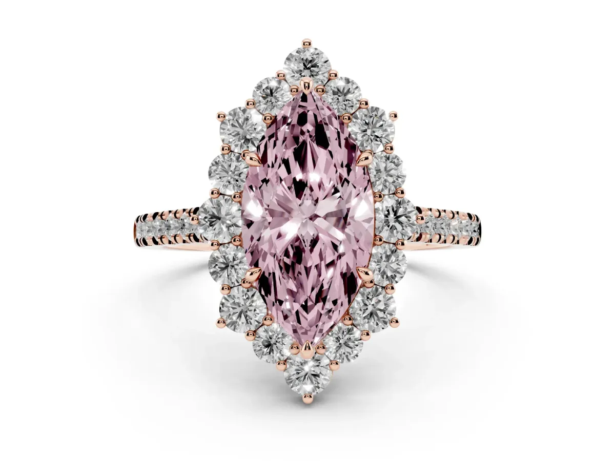 Fancy Pink Marquise Cut Halo Diamond Ring with Pavé Band and Prong Setting Rose gold