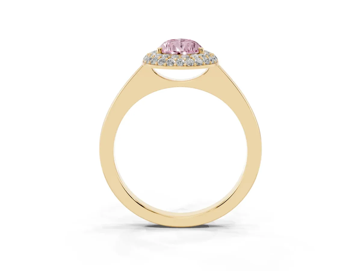 Fancy Pink Pear Cut Halo Diamond Engagement Ring with Solitaire Band and Four-Prong Setting Yellow gold
