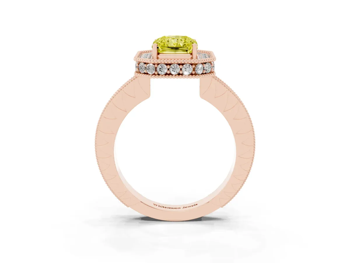 Fancy Yellow Radiant Cut Diamond Milgrain Halo Engagement Ring with Round Pavé Band and Prong Setting Rose gold