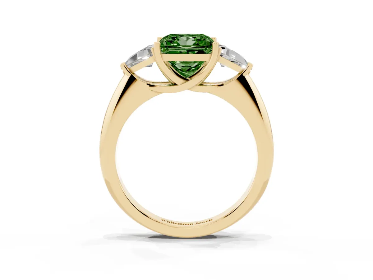 Fancy Green Three-Stone Princess Cut Diamond Engagement Ring with Trillion Side Stones and Prong Setting Yellow gold
