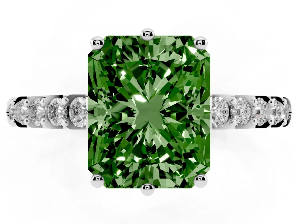 Fancy Green Radiant Cut Solitaire Diamond Engagement Ring with Pavé Band and Six-Prong Setting Platinum