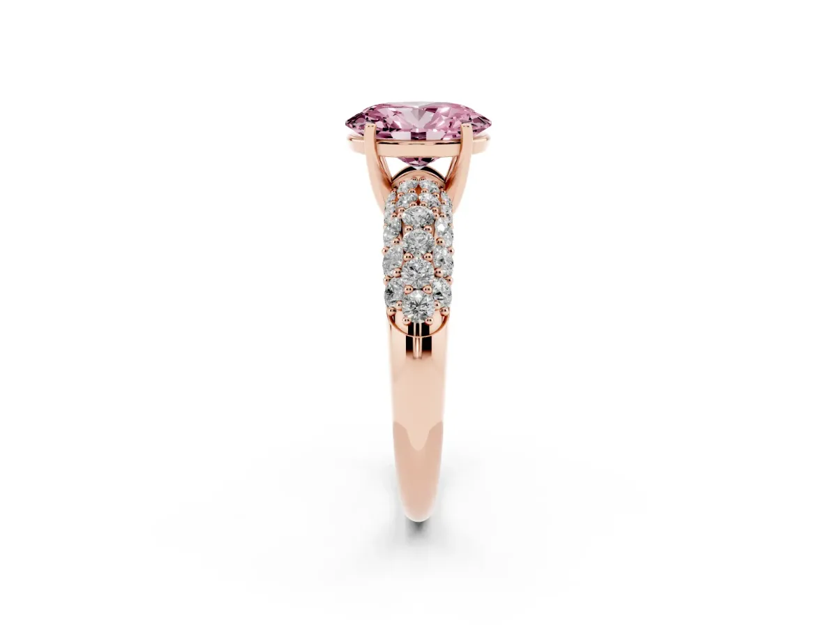 Fancy Pink Oval Cut Diamond Pavé Band Solitaire Ring with Four-Prong Setting Rose gold