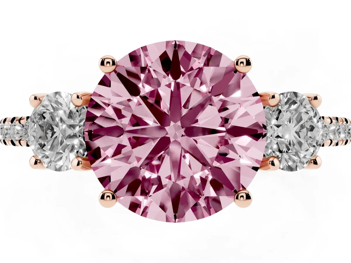 Fancy Pink Three-Stone Round Cut Cut Diamond Pavé Band with Prong Setting Rose gold
