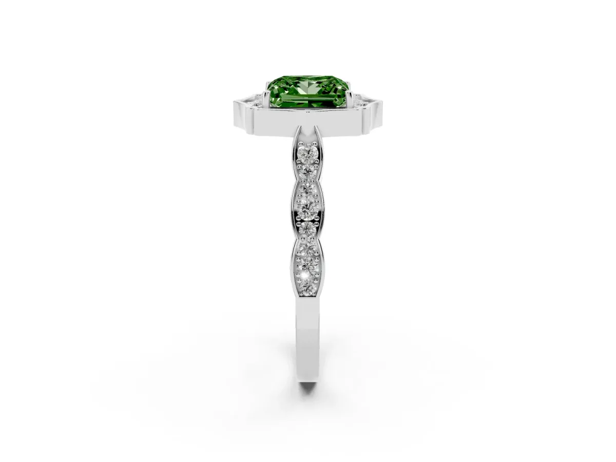 Fancy Green Princess Cut Halo Diamond Engagement Ring with Milgrain Band and Four-Prong Setting Silver