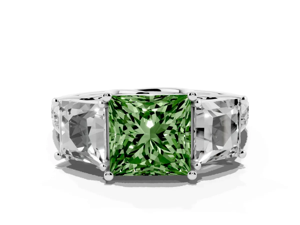 Fancy Green Three-Stone Princess Cut Diamond Pavé Band with Prong Setting Silver