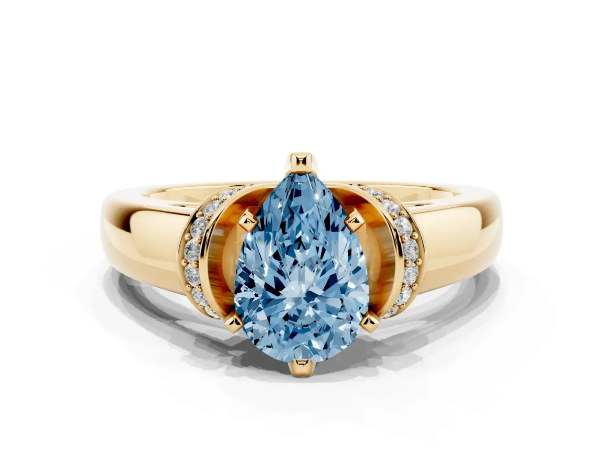 Fancy Blue Pear Cut Solitaire Diamond Ring with Pave Band and Six-Prong Setting Yellow gold