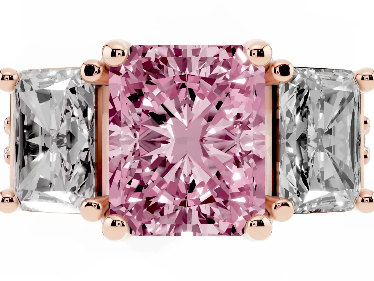Fancy Pink Radiant Cut Diamond Three-Stone Ring with Channel Set Band and Four-Prong Setting Rose gold