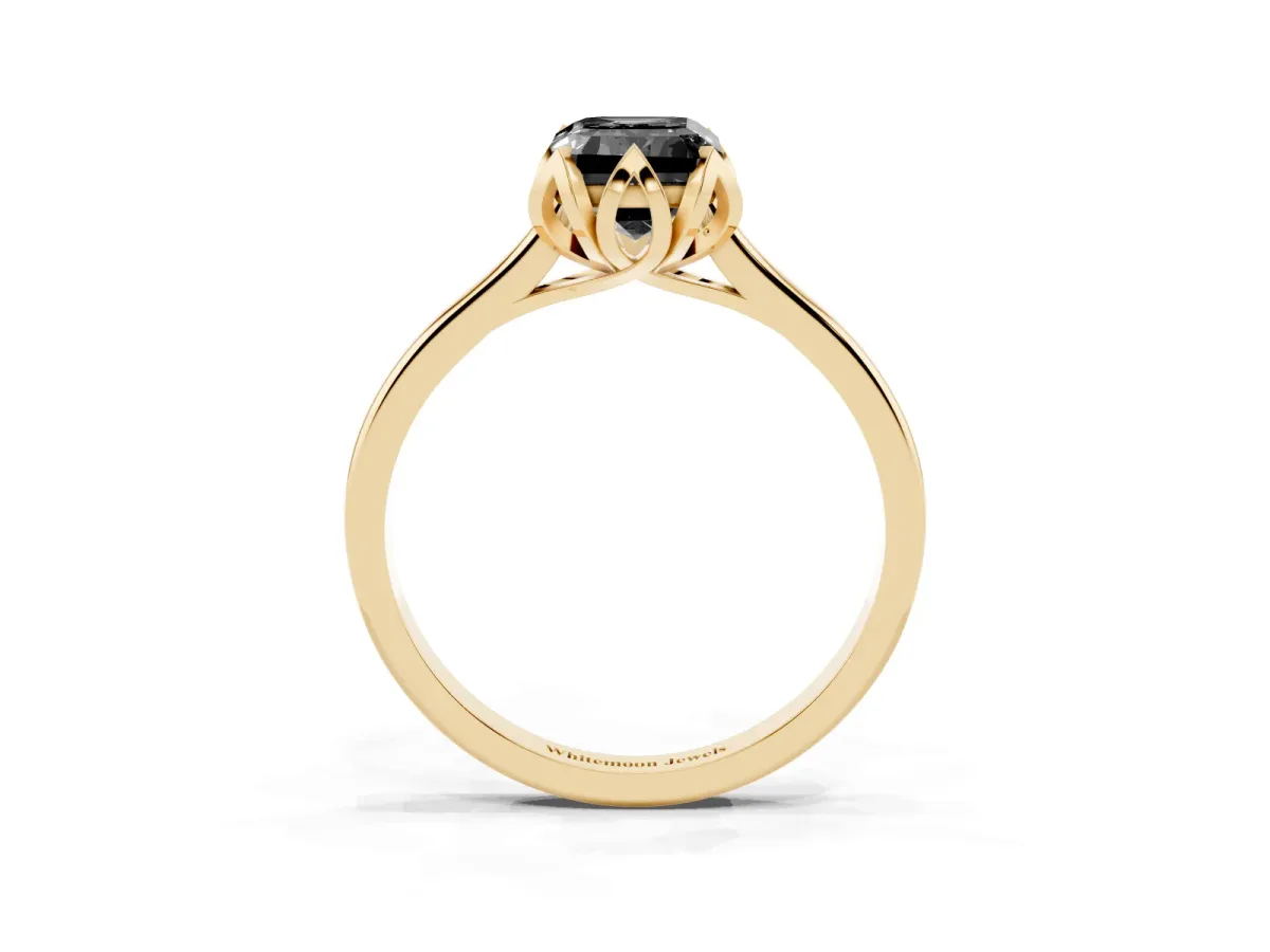 Fancy Black Emerald Cut Diamond Solitaire Ring with Flower Prong Setting and Classic Band Yellow gold