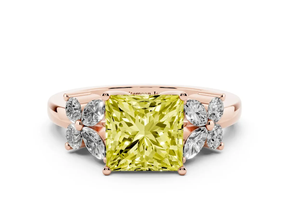 Fancy Yellow Princess Cut Diamond Floral Cluster Ring with Solitaire Band and Prong Setting Rose gold