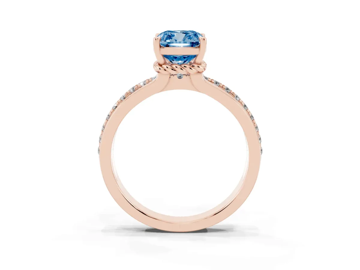Fancy Blue Cushion Cut Solitaire Diamond Ring with Channel Set Band and Six-Prong Setting Rose gold
