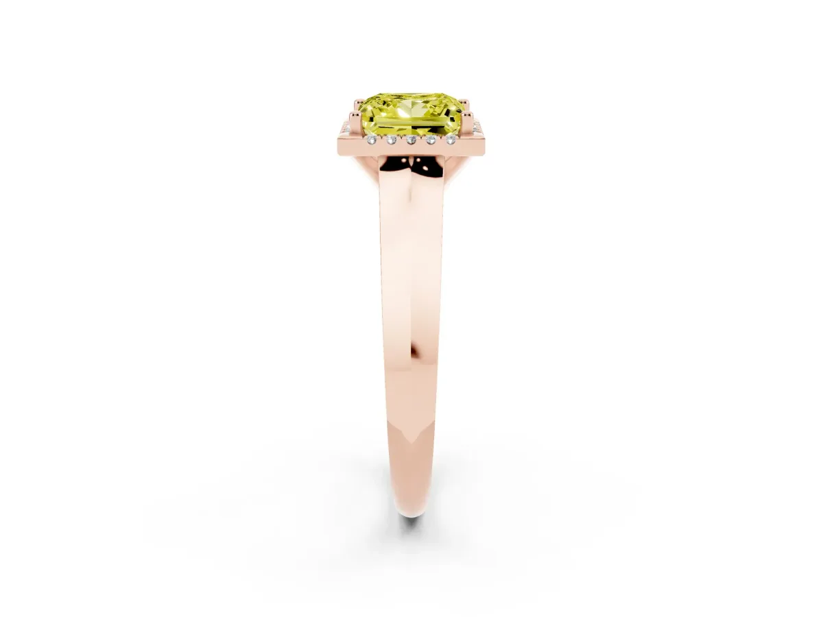 Fancy Yellow Princess Cut Halo Diamond Ring with Cathedral Band and Four-Prong Setting Rose gold