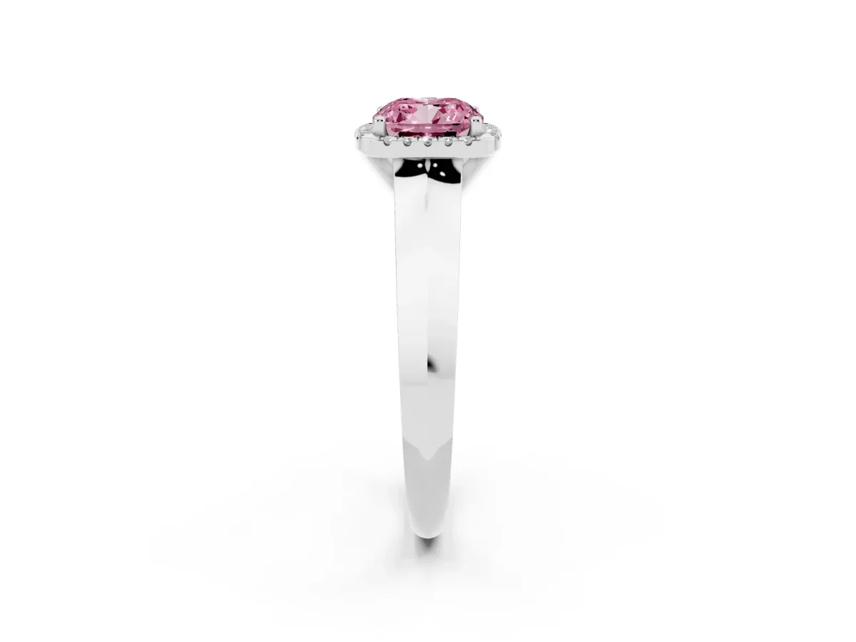 Fancy Pink Cushion Cut Halo Diamond Ring with Cathedral Band and Four-Prong Setting Silver